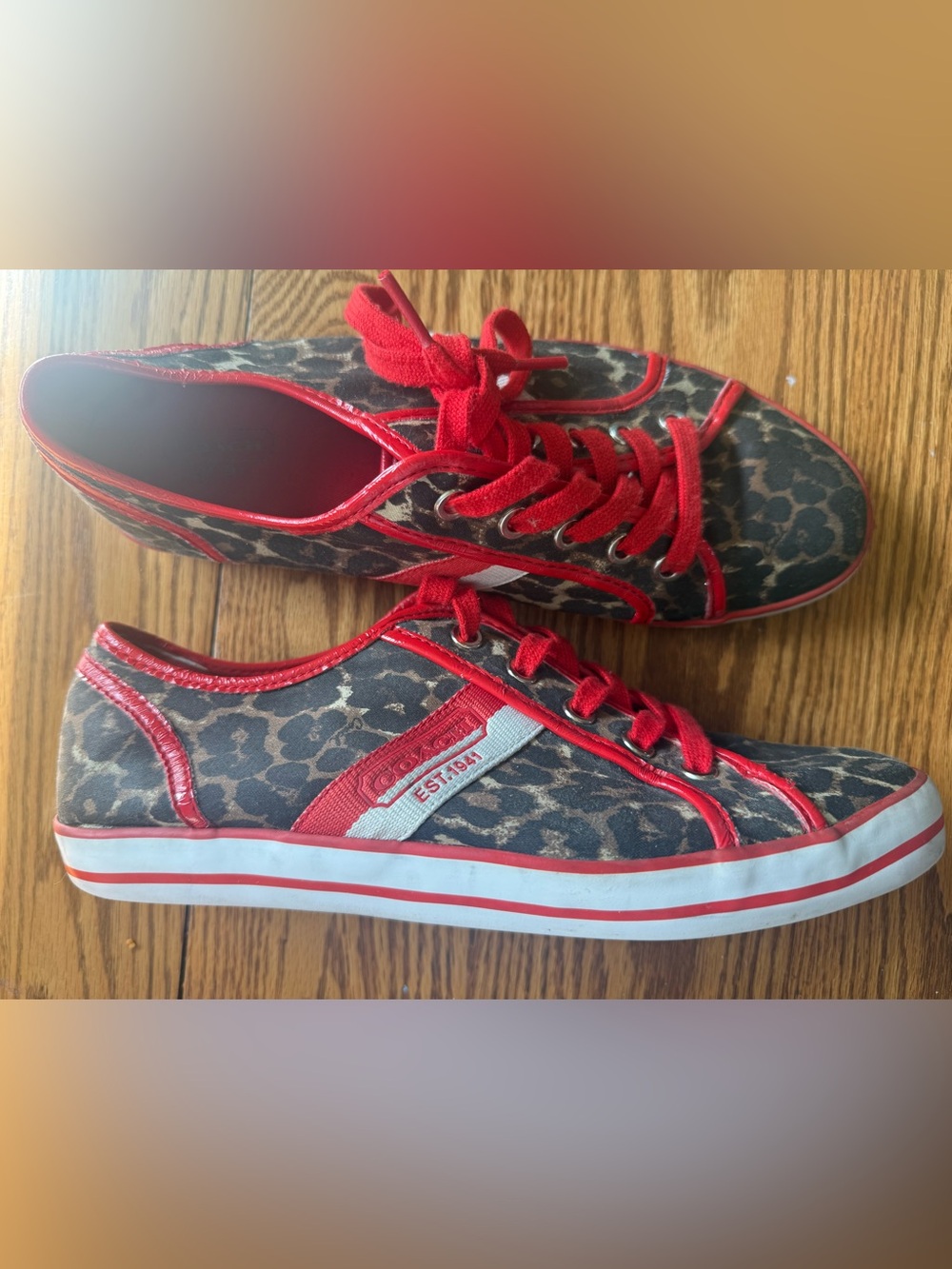 Coach Deja Leopard Print Red Lace-Up Women's Sneakers 9.5
